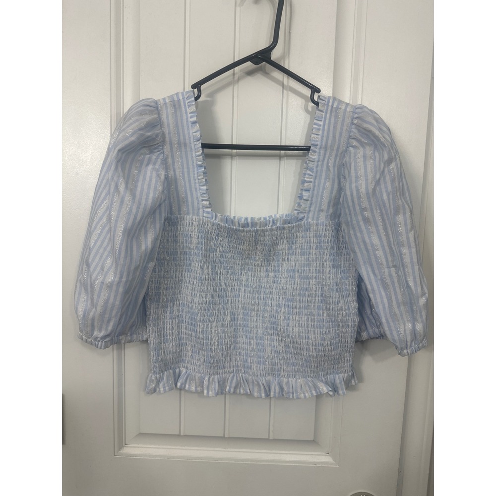 Emily McCarthy Womens Blue White Striped Smocked Puff Sleeve Silver Metallic S
